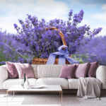 Fotobehang Mand met lavendel in een veld