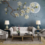 Fotobehang Schilderij van een boomtak met witte bloemen