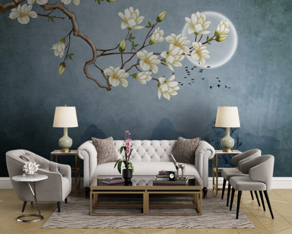 Schilderij van een boomtak met witte bloemen Fotobehang Schilderij van een boomtak met witte bloemen