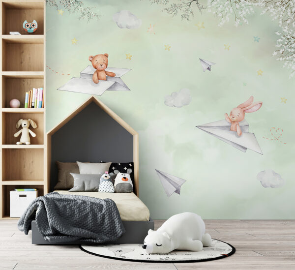 Fotobehang Dieren die dromerig papieren vliegtuigjes vliegen