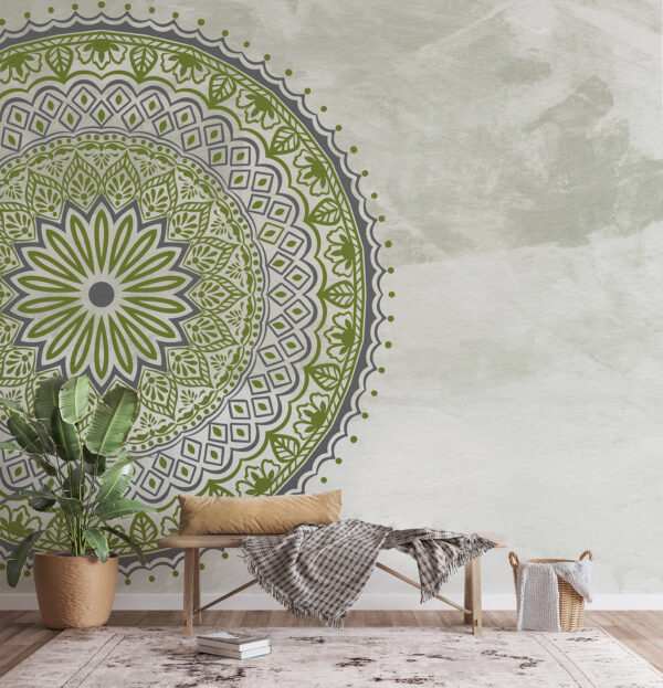 Fotobehang Grijze cirkel met groene bladeren
