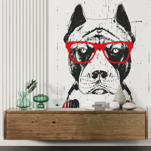 Hond met bril en koptelefoon Fotobehang Hond met bril en koptelefoon