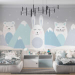 Fotobehang Witte kat met een blauwe cirkel en roze stippen