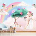 Fotobehang Eenhoorns en regenbogen in magische scène