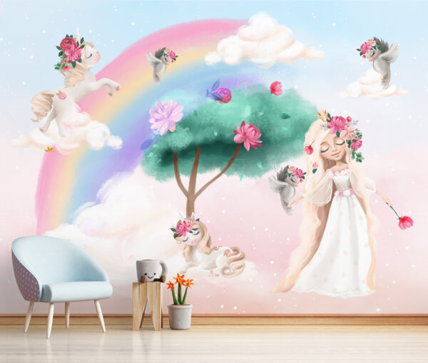 Eenhoorns en regenbogen in magische scène Fotobehang Eenhoorns en regenbogen in magische scène
