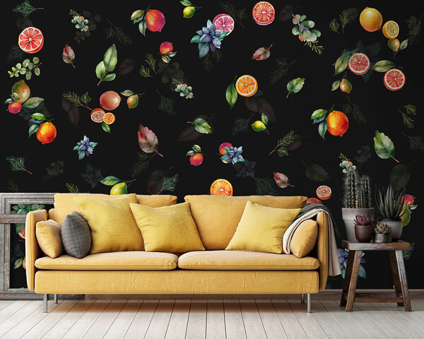 Fotobehang Fotobehang Citrusvruchten en bladeren patroonontwerp (Artikelnummer: u98770)