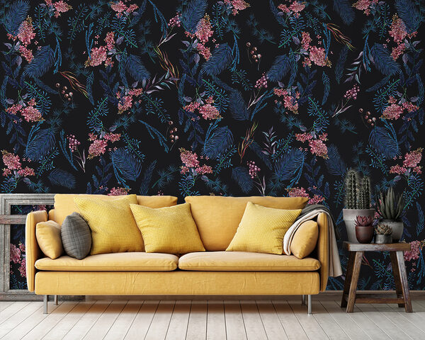 Levendig bloemenpatroon op donkere achtergrond Fotobehang Levendig bloemenpatroon op donkere achtergrond