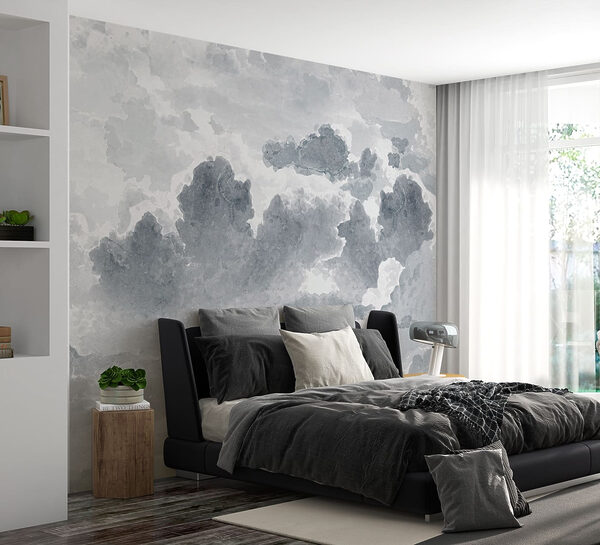 Grijze wolken in aquarel lucht Fotobehang Grijze wolken in aquarel lucht