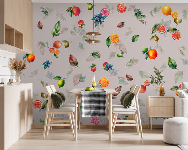 Citrusvruchten en bladeren patroonontwerp Fotobehang Citrusvruchten en bladeren patroonontwerp
