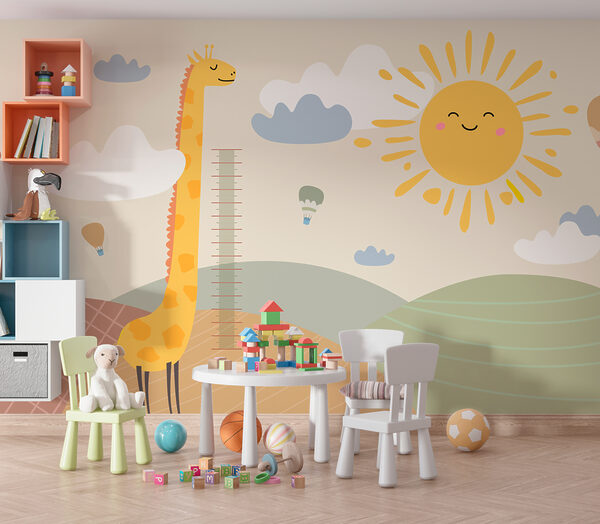 Giraffe meet de lengte van een kind Fotobehang Giraffe meet de lengte van een kind