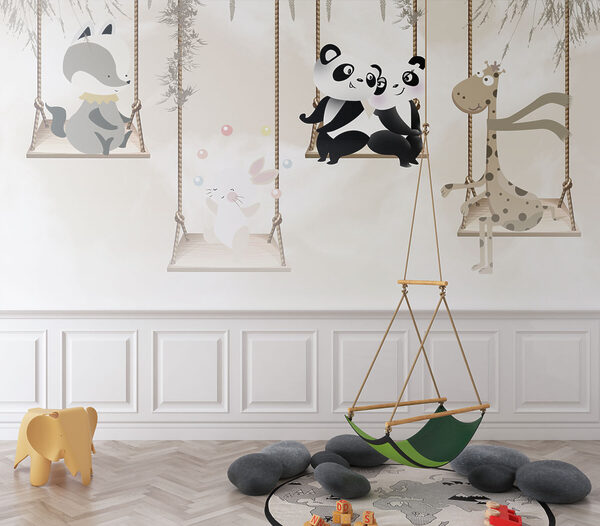 Panda's zittend op een schommel Fotobehang Panda's zittend op een schommel