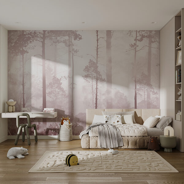 Mistig bos met hoge bomen Fotobehang Mistig bos met hoge bomen