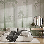 Fotobehang Mistig bos met hoge bomen