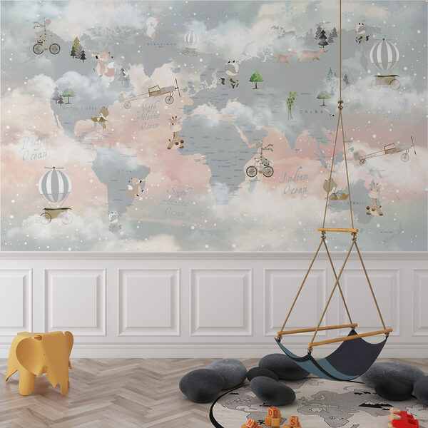 Wereldkaart met wolken en dieren Fotobehang Wereldkaart met wolken en dieren