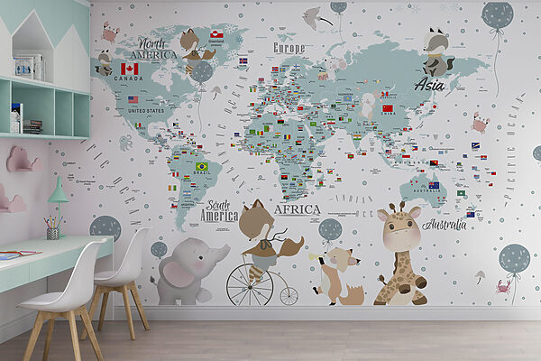 Wereldkaart met dieren Fotobehang Wereldkaart met dieren
