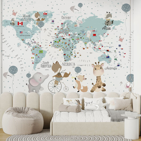 Wereldkaart met dieren Fotobehang Wereldkaart met dieren