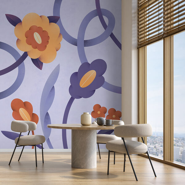 Paarse en oranje bloemen en wijnranken Fotobehang Paarse en oranje bloemen en wijnranken