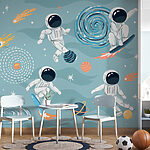 Fotobehang Spotprent van een astronaut op een surfplank