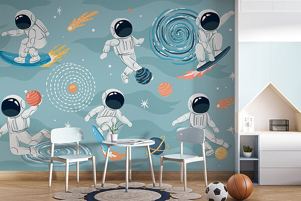 Spotprent van een astronaut op een surfplank Fotobehang Spotprent van een astronaut op een surfplank