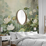 Fotobehang Serene vijver met drijvende bloesems.