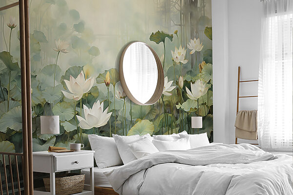 Serene vijver met drijvende bloesems Fotobehang Serene vijver met drijvende bloesems