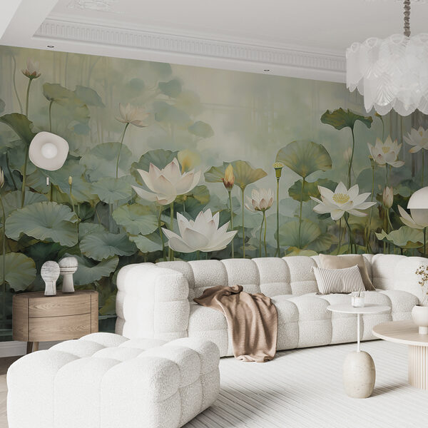 Fotobehang Serene vijver met drijvende bloesems