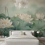 Fotobehang Serene lotusbloemen met weelderige bladeren.