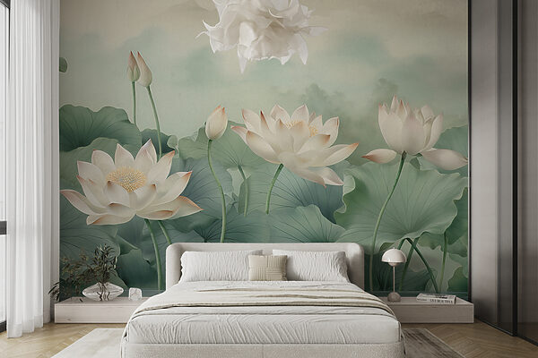 Serene lotusbloemen met weelderige bladeren Fotobehang Serene lotusbloemen met weelderige bladeren