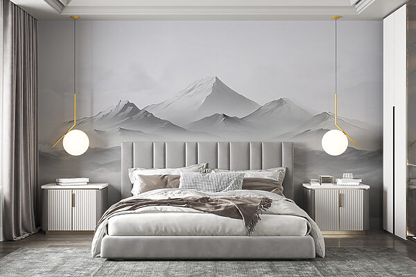 Besneeuwde berg met een berg op de achtergrond Fotobehang Besneeuwde berg met een berg op de achtergrond