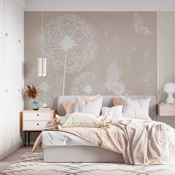 Witte paardenbloemen met vliegende vlinders Fotobehang Witte paardenbloemen met vliegende vlinders