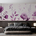 Fotobehang Paarse bloemen en bladeren op een witte achtergrond