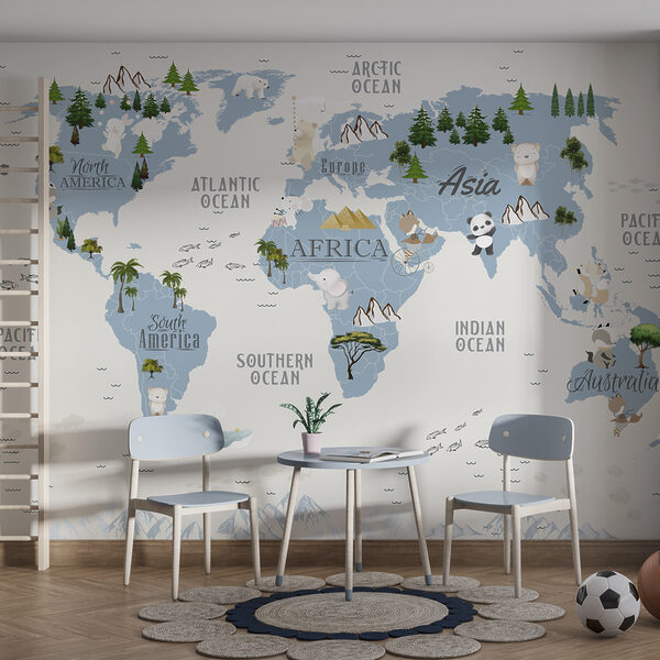 Wereldkaart met dieren en tekst Fotobehang Wereldkaart met dieren en tekst