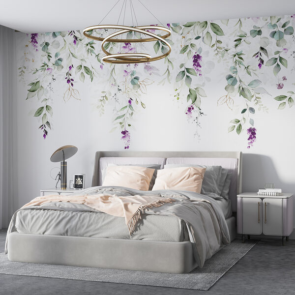 Paarse bloemen op een witte achtergrond Fotobehang Paarse bloemen op een witte achtergrond