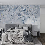 Fotobehang Blauw bloemenpatroon met wervelende bladeren.