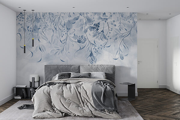 Blauw bloemenpatroon met wervelende bladeren Fotobehang Blauw bloemenpatroon met wervelende bladeren