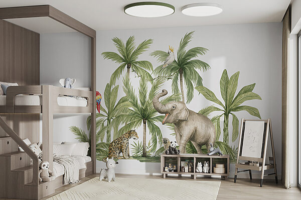 Jungle dieren tussen palmbomen Fotobehang Jungle dieren tussen palmbomen