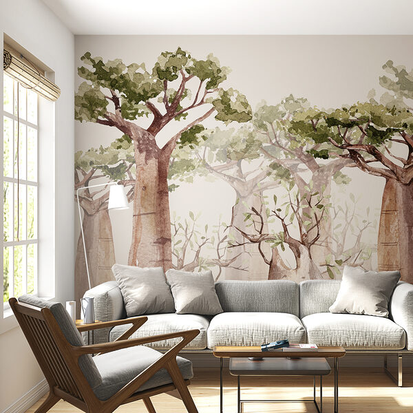 Majestueuze baobabs in aquarelbos Fotobehang Majestueuze baobabs in aquarelbos