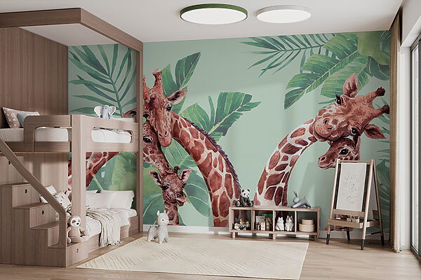 Giraffe met groene achtergrond Fotobehang Giraffe met groene achtergrond