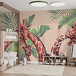 Fotobehang Groep giraffen met bladeren