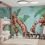 Fotobehang Groep giraffen met bladeren