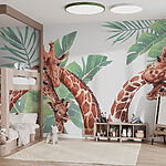Fotobehang Groep giraffen met bladeren
