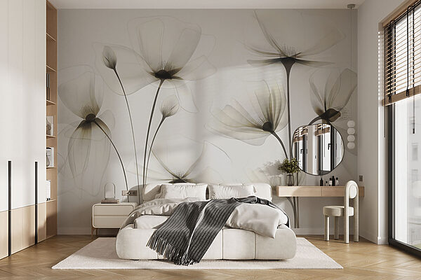Transparante bloemen op een witte achtergrond Fotobehang Transparante bloemen op een witte achtergrond