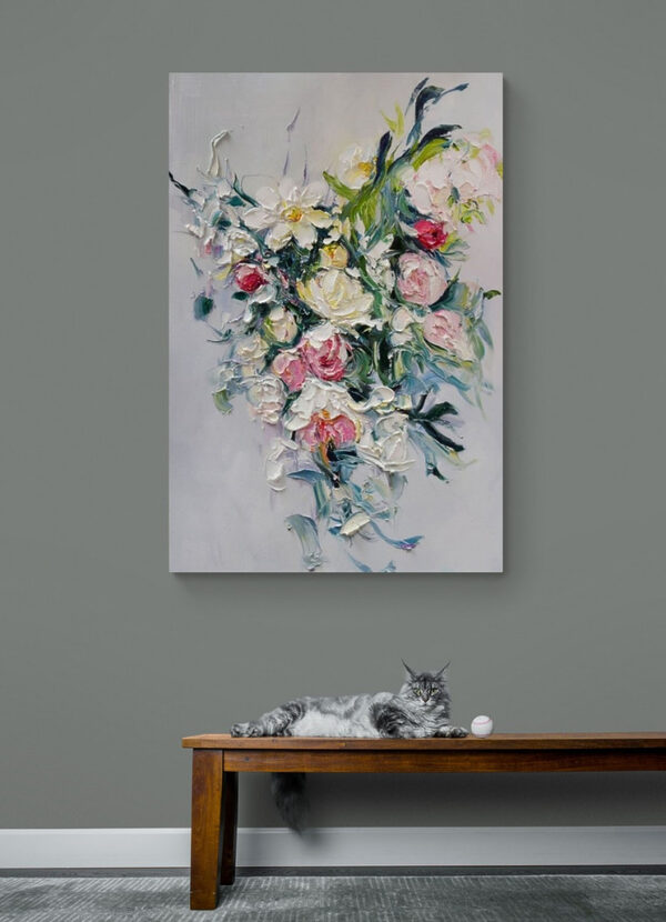 Schilderij van bloemen op een wit oppervlak Canvas Schilderijen Schilderij van bloemen op een wit oppervlak