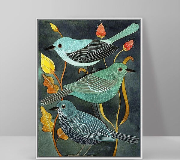 Drie vogels tussen kleurrijke planten Canvas Schilderijen Drie vogels tussen kleurrijke planten
