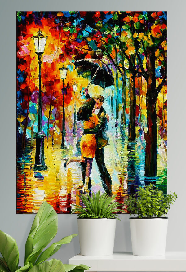 Schilderij van een kussend stel onder een paraplu Canvas Schilderijen Schilderij van een kussend stel onder een paraplu