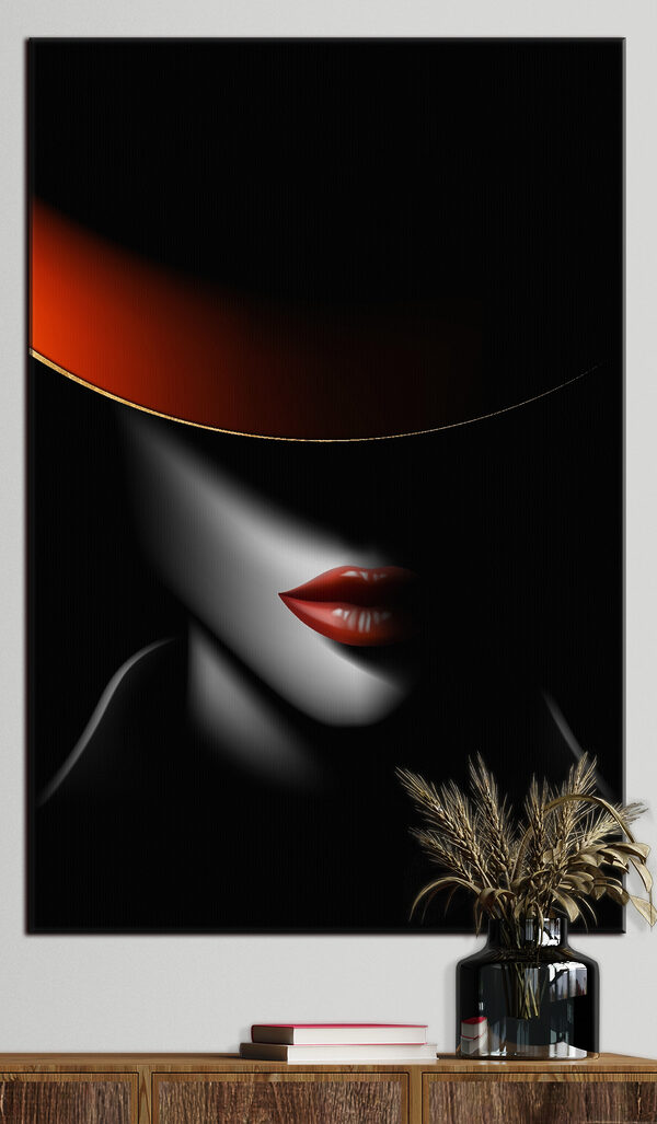 Mysterieuze allure onder een schaduwrijke hoed Canvas Schilderijen Mysterieuze allure onder een schaduwrijke hoed
