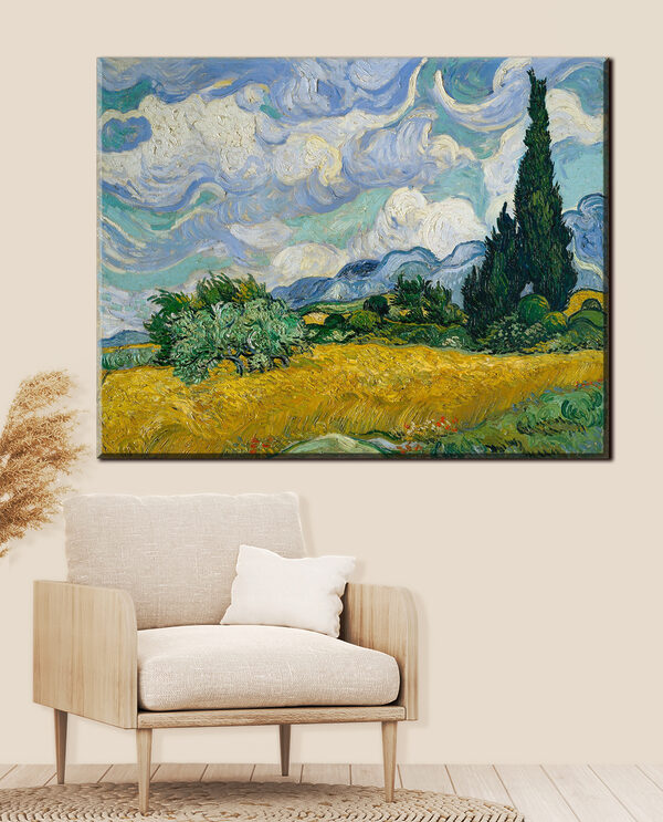 Schilderij van een veld met bomen en bergen op de achtergrond Canvas Schilderijen Schilderij van een veld met bomen en bergen op de achtergrond