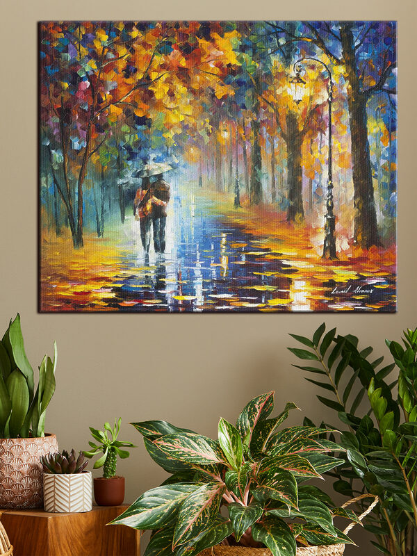 Schilderij van een stel wandelend in de regen Canvas Schilderijen Schilderij van een stel wandelend in de regen