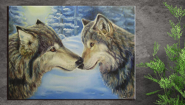 Wolven knuffelen in besneeuwd bos Canvas Schilderijen Wolven knuffelen in besneeuwd bos