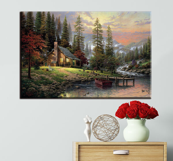Gezellige hut aan rustige rivier Canvas Schilderijen Gezellige hut aan rustige rivier
